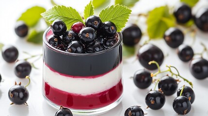 Blackcurrant yogurt parfait layered in a jar, on a white background, with fresh blackcurrants on top