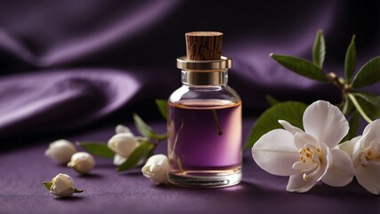 Aesthetic bottle of essential oil on a purple silk background. Jasmine on the side.