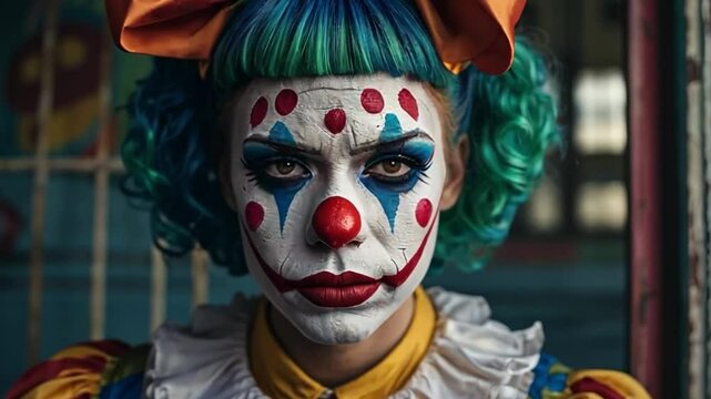 A female clown grieving alone
