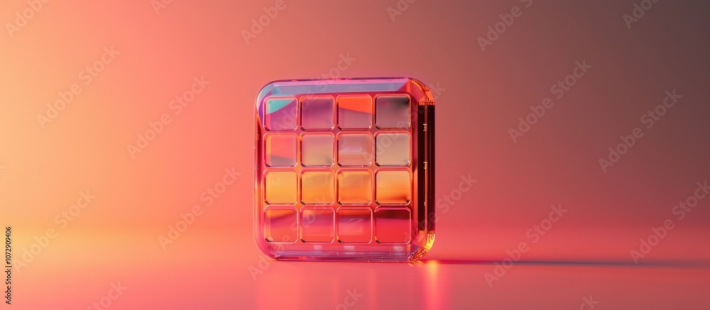 Poster a square shaped glass object with a grid of squares inside, reflecting a sunset.