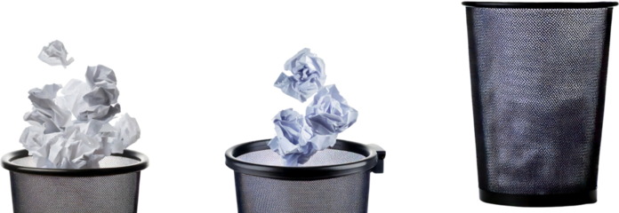 Conceptual Image of Crumpled Paper Tossed into a Trash Can Illustrating Waste Disposal and Office Organization Techniques for Improved Productivity