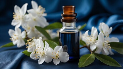 Aesthetic bottle of essential oil on a blue silk background. Jasmine on the side.