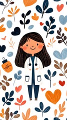 A woman in a white coat is smiling and standing in front of a bunch of leaves