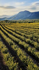 Sunset over lush vineyards with rolling hills in the background during the early evening in a...