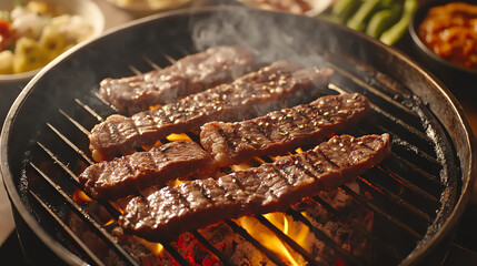 Korean BBQ top view, beef and pork sizzling on a grill, surrounded by banchan, studio lighting with high detail for commercial setup