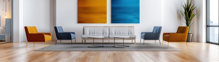 Modern living room with colorful furniture set.