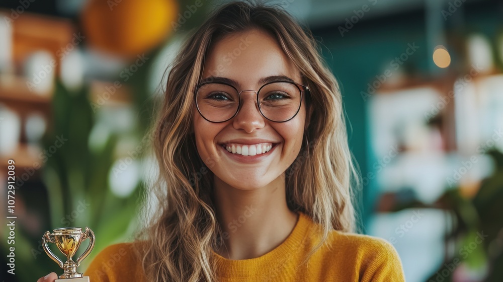 Poster sales representative celebrating reaching a personal sales target smiling and holding a trophy or ce