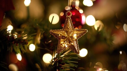 An elegant gold star ornament hangs on a Christmas tree surrounded by soft bokeh lights and festive mood. The star sparkles against a backdrop of green pine branches and red decorations