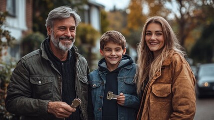 Fototapeta premium Real estate agent handing over the keys to new homeowners after closing the deal happy family standing in front of their new house real estate success