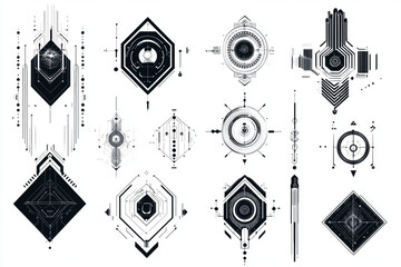 Flat digital tattoo art design on a pure white background, clean and precise cyberpunk patterns with thick, perfectly straight black lines and geometric shapes.