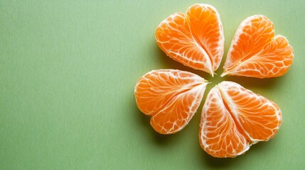 Tangerine slices arranged as a flower on a soft green background with open space on the left