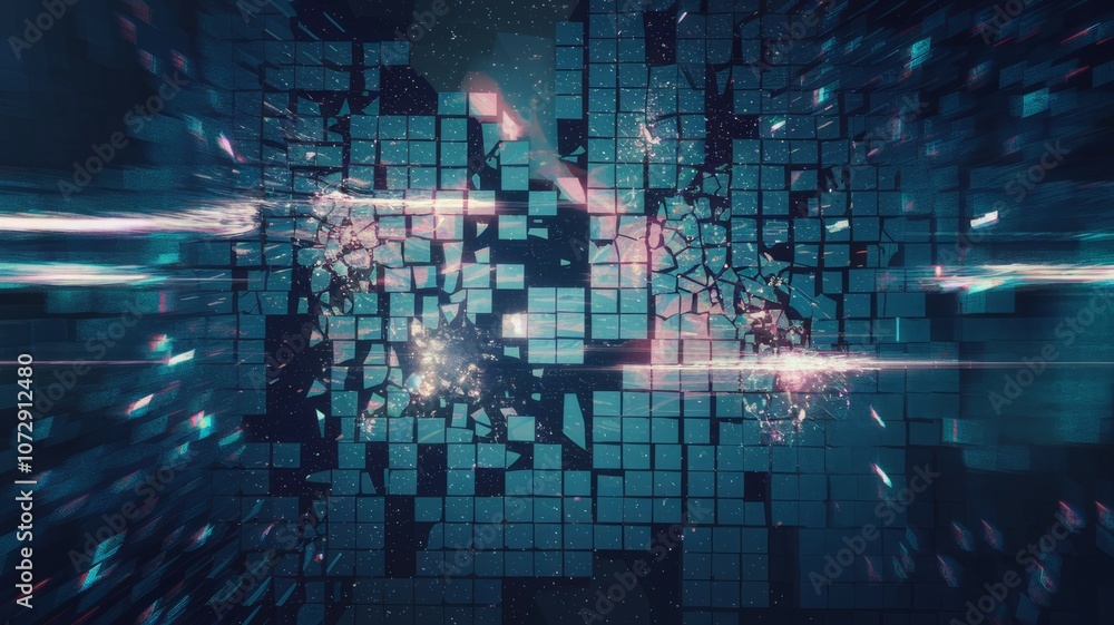 Poster digital fragmentation burst. shattered digital blocks depict data breach, system failure, or technol