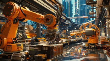 Futuristic robotic arms in a factory setting.