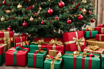 Rows of christmas presents with red green and gold wrapping under a tree, Ai generated