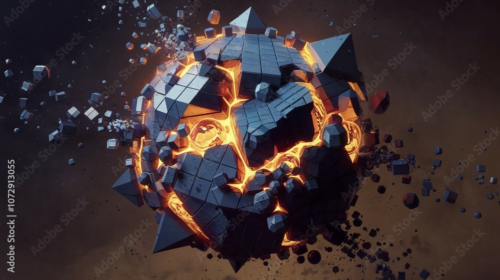 Aufkleber exploding geometric orb. fiery disintegration; chaos and destruction imagery. symbolizes transformat
