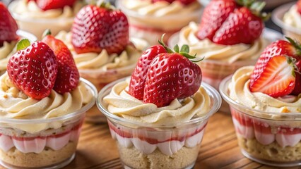 Close-up shot of delectable layered desserts featuring fresh strawberries, creamy frosting, and a delicate base