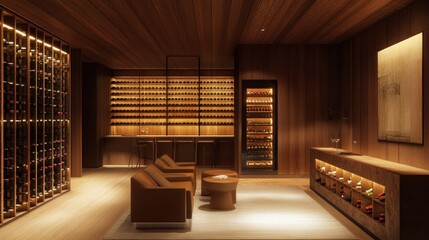 A modern wine cellar with wooden walls, a bar, two armchairs, a coffee table, a wine rack, a wine cooler, and a painting on the wall.