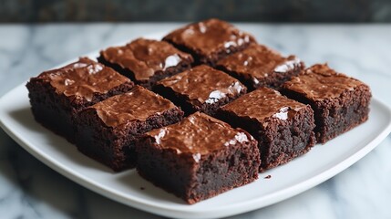 Delicious Dark Chocolate Brownies Cut into Squares on a White Plate