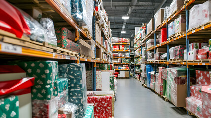 Fototapeta premium Specialized warehouse section storing holiday gift wrapping materials in organized shelves.