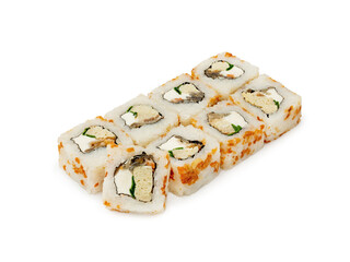 Japanese rolls, sushi with tofu and fried onions on a white background, isolated.