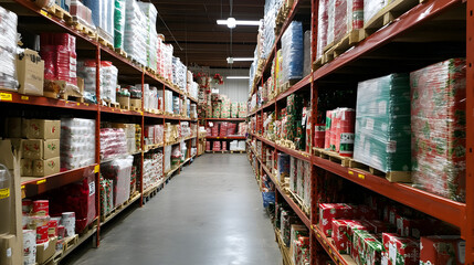 Fototapeta premium Specialized warehouse section storing holiday gift wrapping materials in organized shelves.