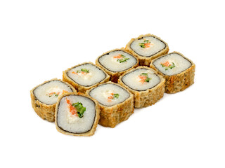 Japanese rolls, fried sushi tempura on white background, isolated.