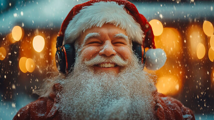 Close up photo of crazy funny santa claus listen music on modern headset celebrate christmas time