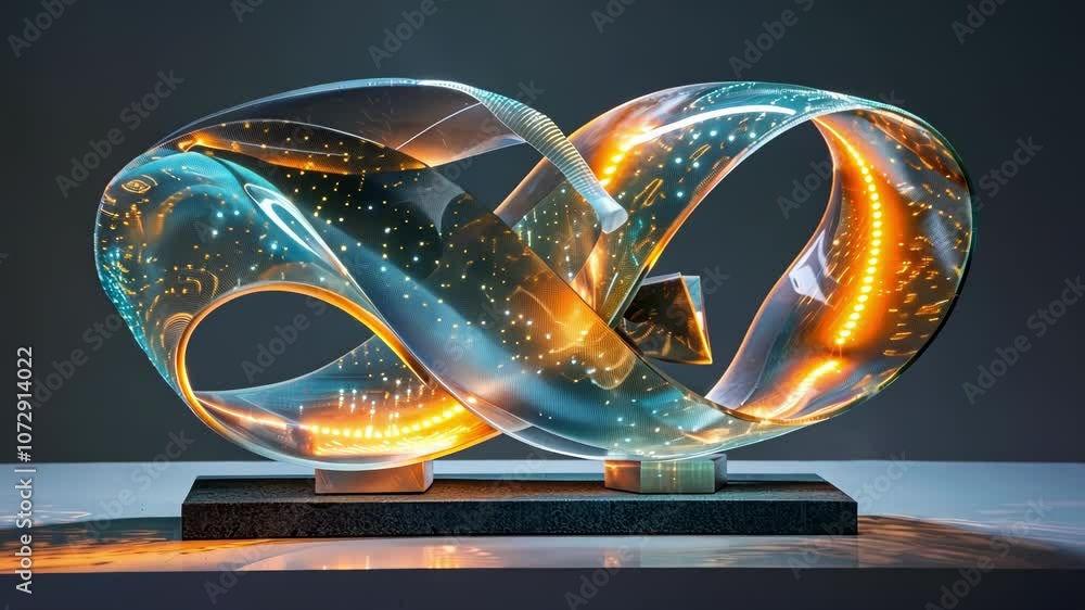 Poster a threedimensional sculpture of intertwining ribbons one glowing with electricity and the other puls