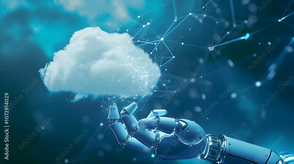 Wall mural Robot hand Connection in a Digital Landscape with Cloud computing for data storage and transfer for safety Cloud icon with data icon with Blue glowing cloud with a circuit board below it cloud concept