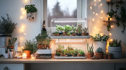 A windowsill with a variety of potted plants and succulents, lit by fairy lights.
