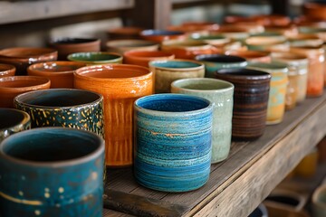Hand-Crafted Ceramic Mugs Displayed on Rustic Wooden Shelf