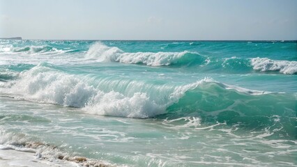 Waves gently rolling over turquoise ocean surface with white foam creating a soft mist in the air, gentle movement, peaceful scene, sunlit water, underwater world