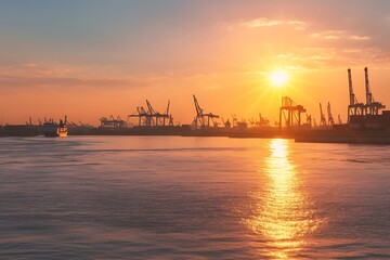 Silhouetted Cargo Cranes at Sunset Over a Calm Harbor
