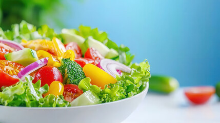 vibrant salad with fresh lettuce, tomatoes, cucumbers, and colorful vegetables in white bowl against blue background. healthy ingredients create refreshing and appetizing dish