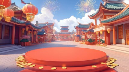 Fototapeta premium A cartoon-style background with clouds, sky, and fireworks in the distance. In front of it is an empty red circular platform surrounded by traditional with generative ai