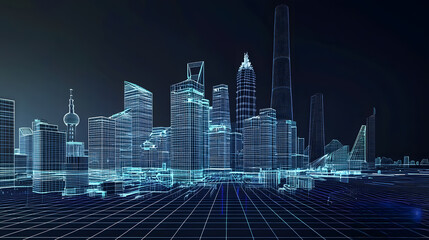 Futuristic city skyline in blue wireframe design