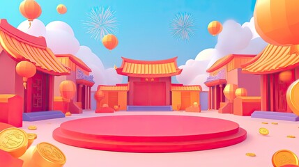 A cartoon-style background with clouds, sky, and fireworks in the distance. In front of it is an empty red circular platform surrounded by traditional with generative ai