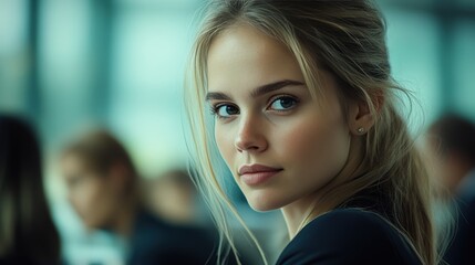 Fototapeta premium A thoughtful young woman gazes into the distance, capturing a moment of introspection.