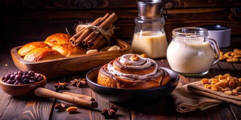 A Freshly Baked Cinnamon Roll with Whipped Cream, Scattered with Almonds and Star Anise, Alongside a Pitcher of Milk, a Wooden Bowl of Berries, and Cinnamon Sticks Tied with Twine.