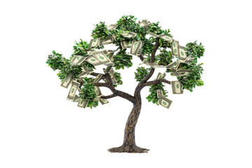 Obraz premium A decorative tree featuring abundant green foliage interspersed with bundles of cash, symbolizing wealth and prosperity.