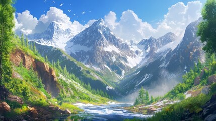 Obraz premium The dramatic scenery of Mount Tianshan, Xinjiang, China, with steep cliffs, alpine meadows, and glaciers, showcasing the contrast of lush greenery with harsh mountain terrain