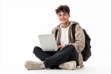 Happy young male college student sitting isolated at white background using laptop computer advertising elearning course, online education webinars, internet services.