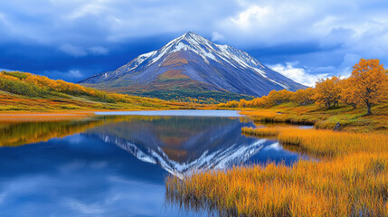 Fototapeta premium dramatic landscape with snowy mountain reflected in calm lake, surrounded by vibrant autumn foliage under moody sky