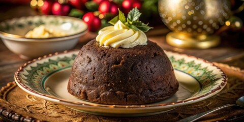 A single, dark chocolate pudding with creamy topping and a sprig of green mint, nestled in a decorative plate, ready for a holiday celebration