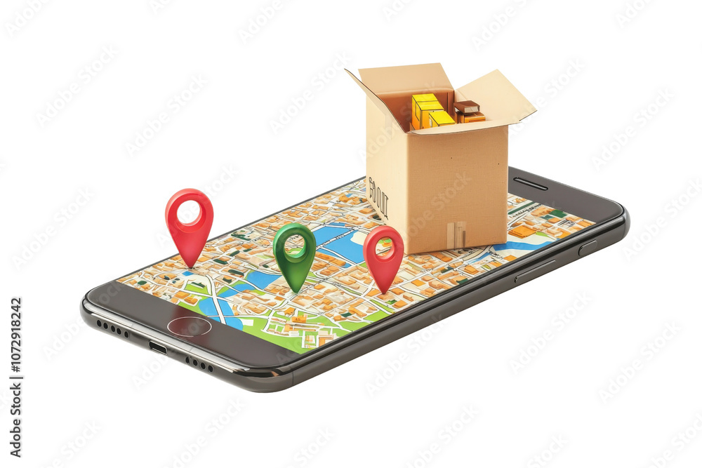 Poster a smartphone displaying a map with a delivery box on top and location pins indicating various spots.