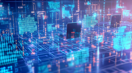 Naklejka premium Futuristic digital data environment with laptops