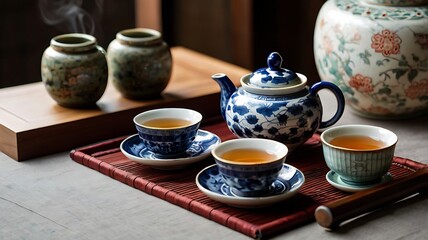 Fototapeta premium Traditional tea ceremony with handcrafted teacups and loose leaf tea displayed artfully 