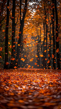 Stunning landscape photography, vibrant autumn forests with falling leaves, capturing the warmth and colors of fall, in high-definition