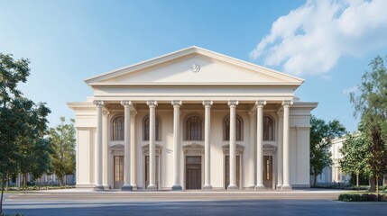 Obraz premium A classic white building with columns and a pediment, set against a blue sky with clouds.