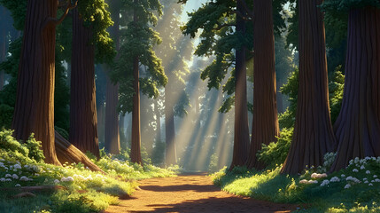 Naklejka premium A sunlit path through a dense forest of towering trees.